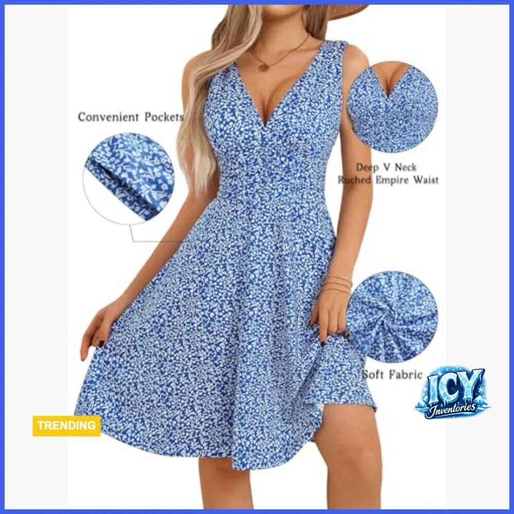 Deep V Neck Sleeveless Floral Sundress with Pockets Flowy Summer Dress
